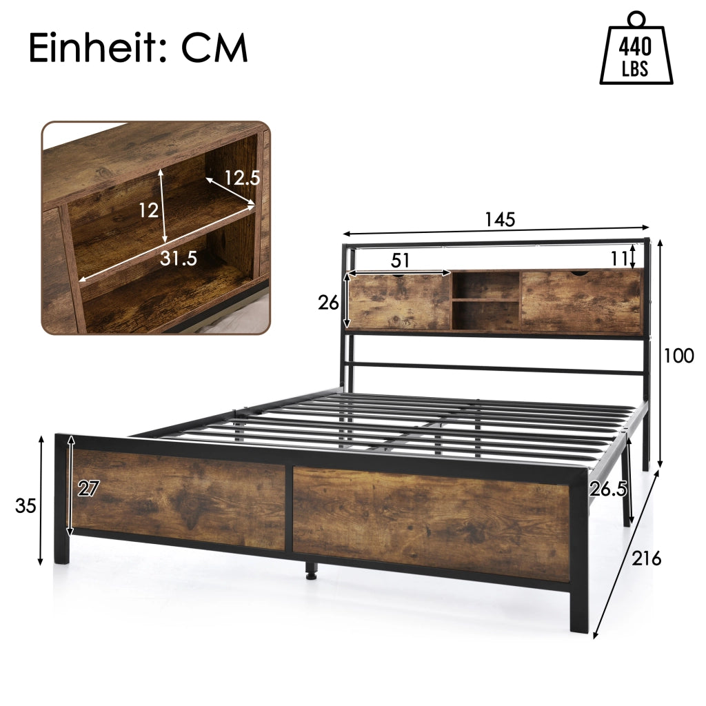 LETTO Matrimoniale 140x200 cm in Metallo e Legno Naturale con testiera portaoggetti