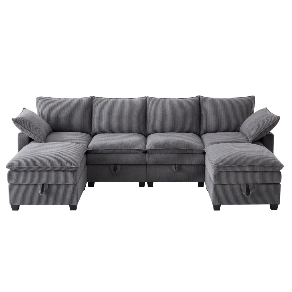Divano modulare 6 posti a L o U in velluto a coste; con 2 pouf; USB e vani contenitore; grigio