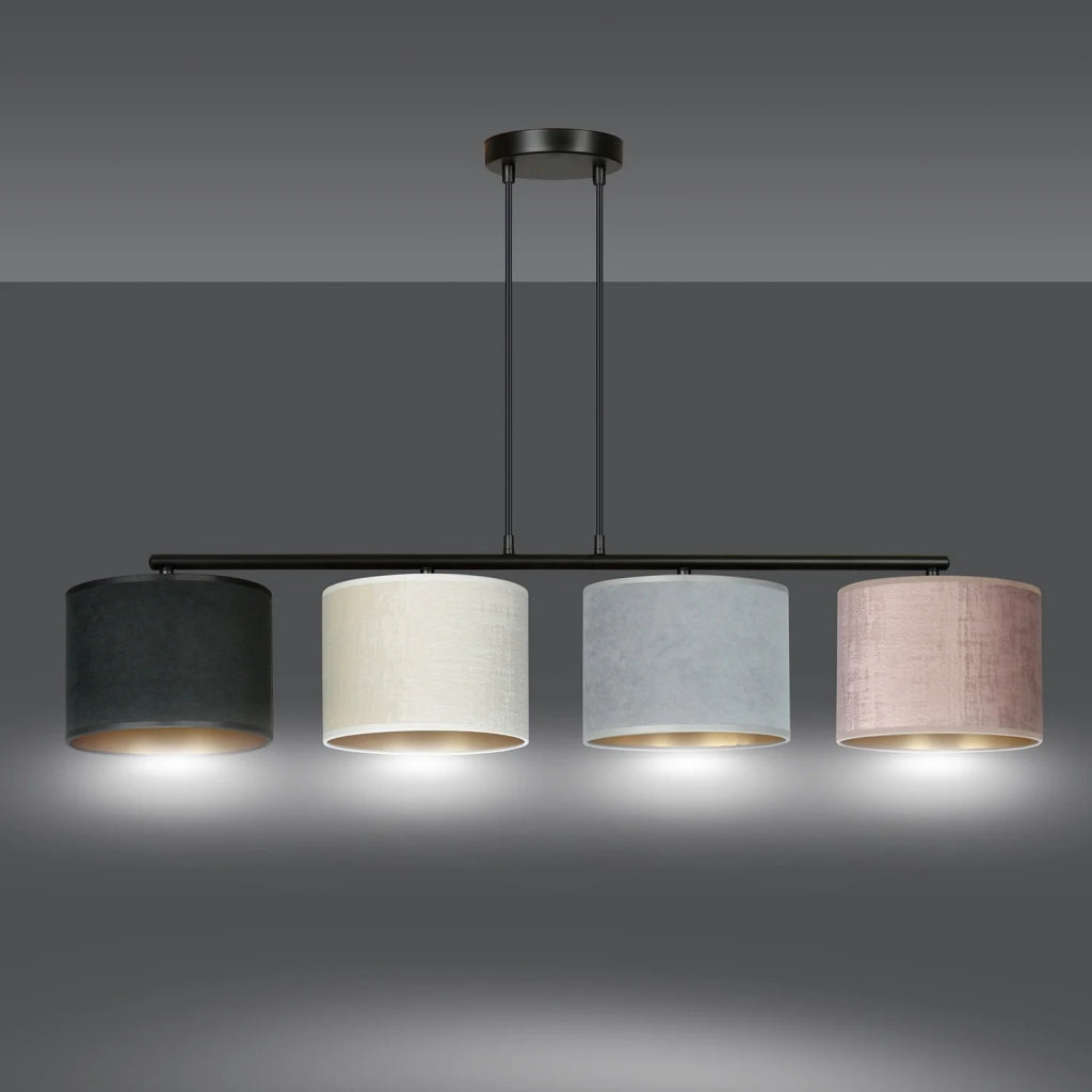 Lampadario 4 Luci Ganesha In Acciaio Nero E Paralumi In Tessuto Multicolore