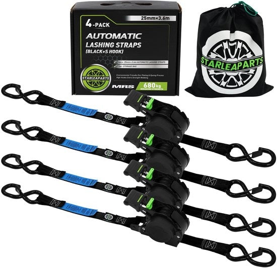 Pacco di 4 cinture di sicurezza automatiche con gancio S, rullatore di cinture di sicurezza automatico 3,6 m x 25 mm, 340 kg/680 kg, cinture di sicurezza retrattili con rullo per motocicletta, kayak e camion, nero