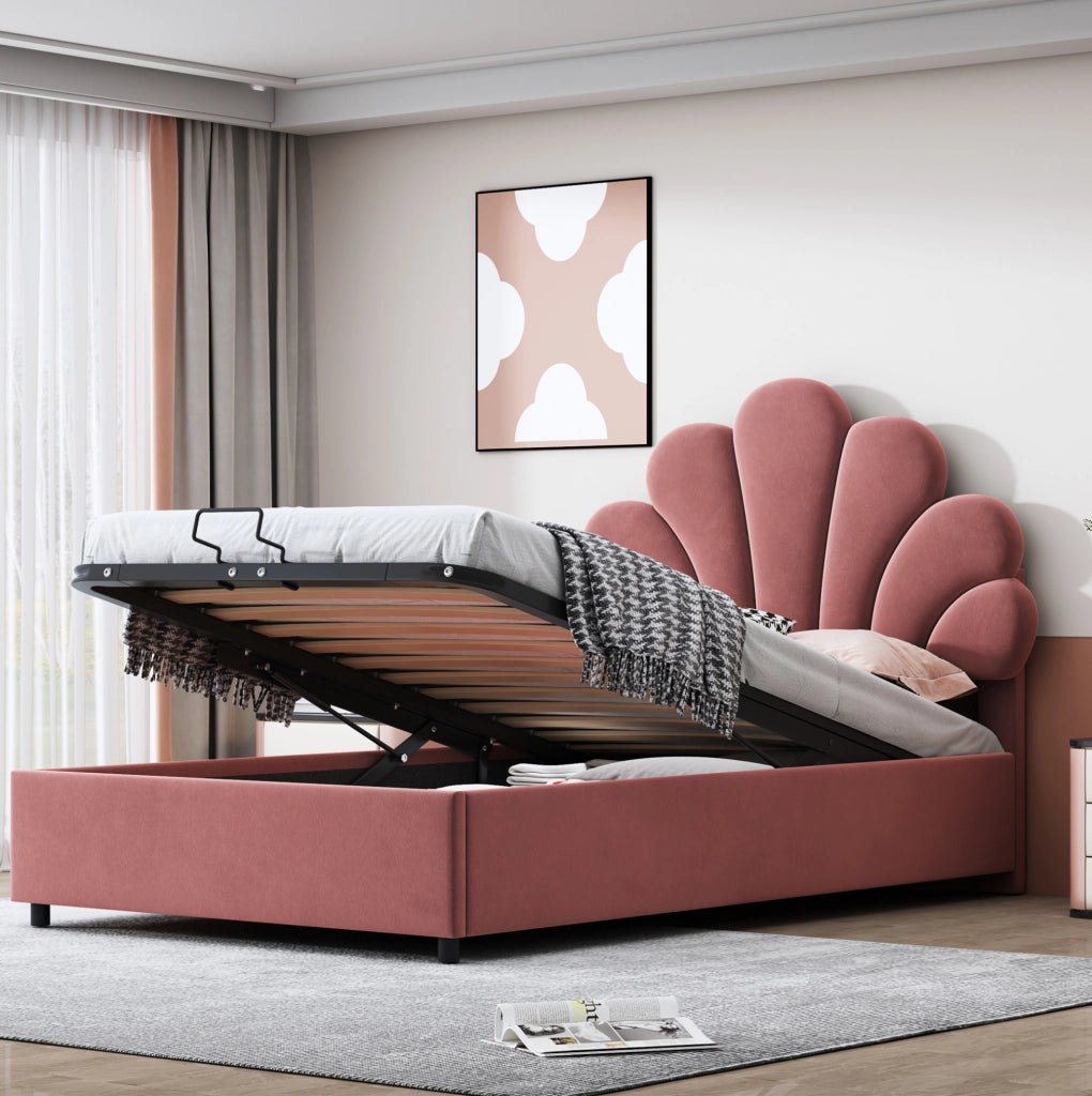 Letto imbottito 90 x 200 cm in velluto rosa con testiera floreale e contenitore idraulico