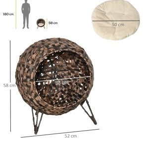 Cuccia rialzata per gatti in rattan PE con cuscino marrone