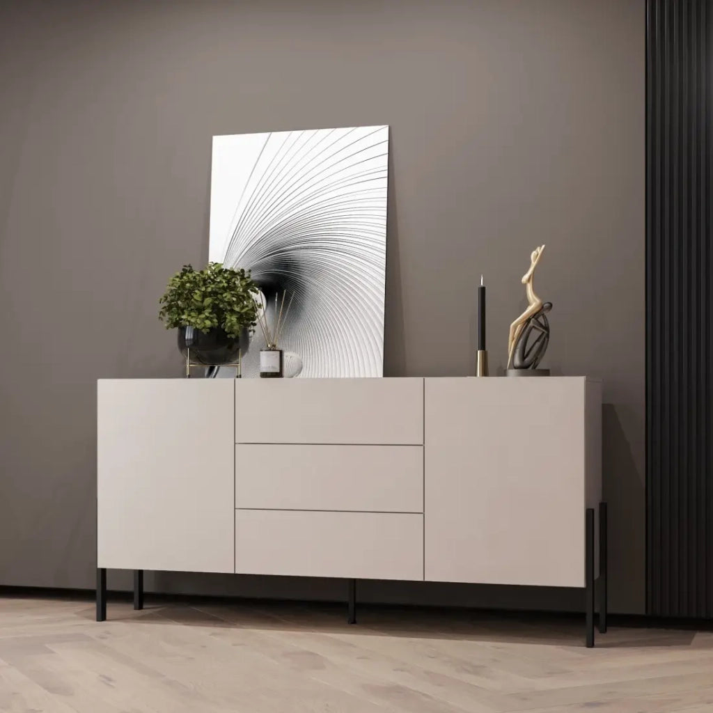 Buffet SALMA 2 ante & 3 cassetti Push-to-Open – beige & nero opaco, 184×90×40 cm