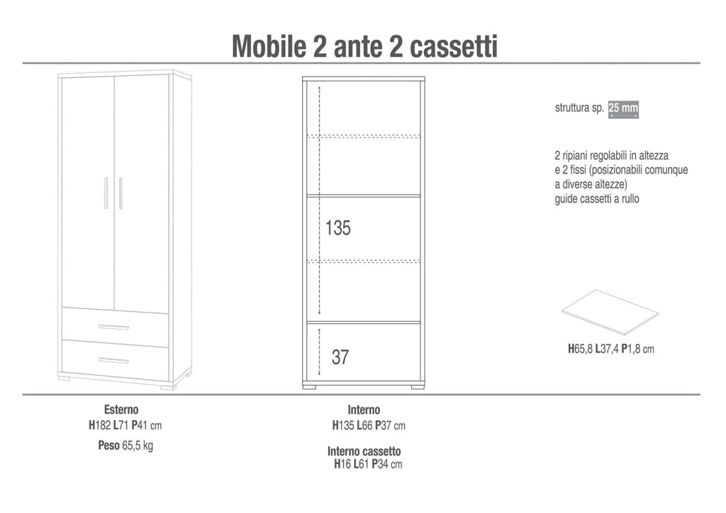 Armadio 2 Ante 2 Cassetti 71x182x41 cm Noce Stelvio/Ossido Nero