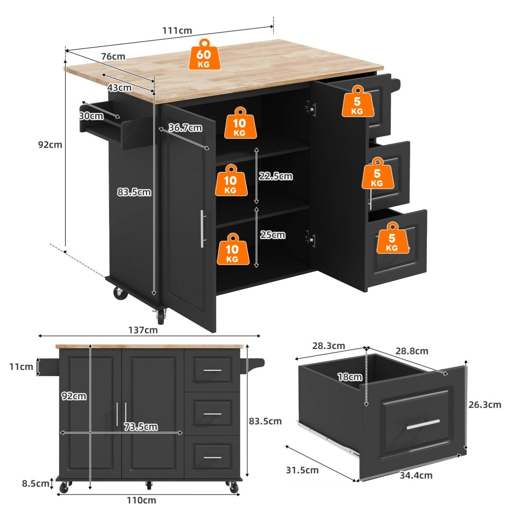 Carrello cucina mobile con piano apribile 137x43(76) cm in MDF nero