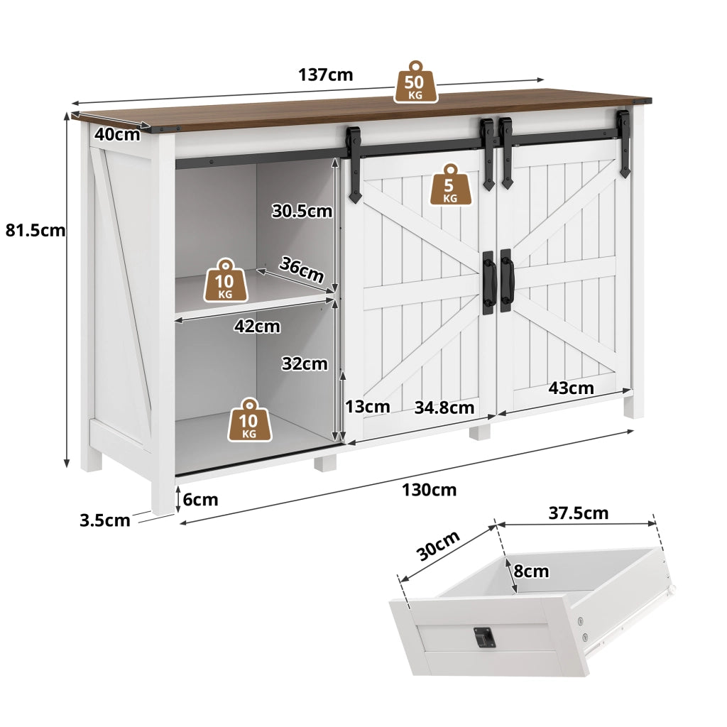 Credenza sideboard con 2 ante scorrevoli e 4 cassetti, 137 cm, bianco, in MDF