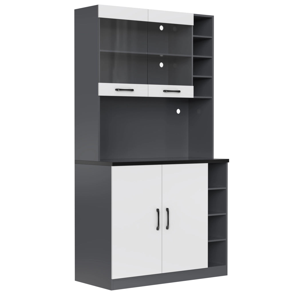 Credenza da cucina 100x47x187 cm grigia e bianca, LED, passacavi, per microonde