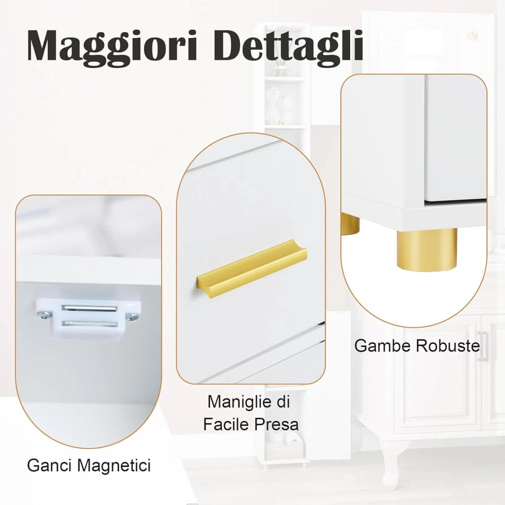 Mobile Bagno Salvaspazio con Luce, Colonna Bagno con Scomparti Aperti in Vetro, Ripiani Regolabili, 1 Cassetto e Gancio Laterale per Spazi Ridotti 20 x 20 x 181 cm (4 Ripiani con Luce, BIanco)
