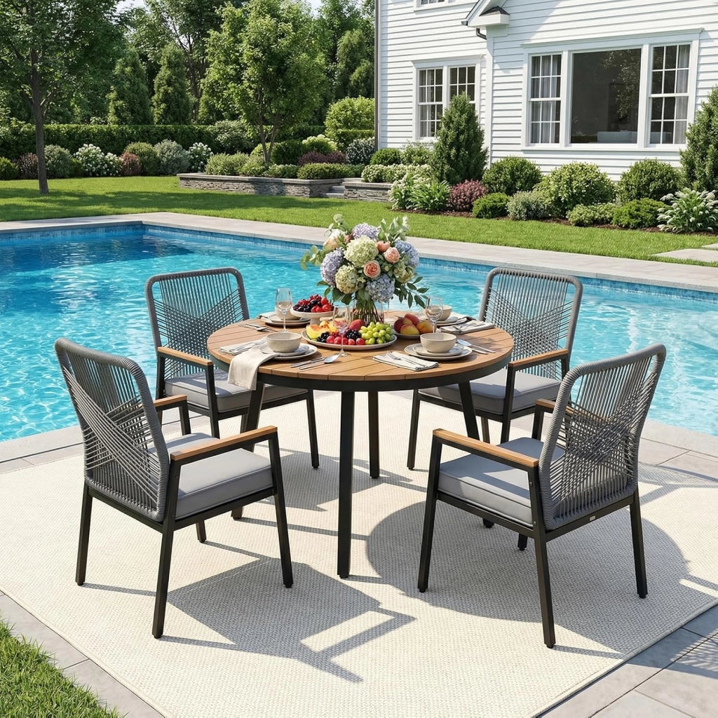 Sedie da giardino in rattan, Set da 2, Sedie da patio resistenti alle intemperie, Sedie da balcone in metallo, Portata massima 160 kg, Braccioli in WPC, Per patio, giardino e veranda, Grigio
