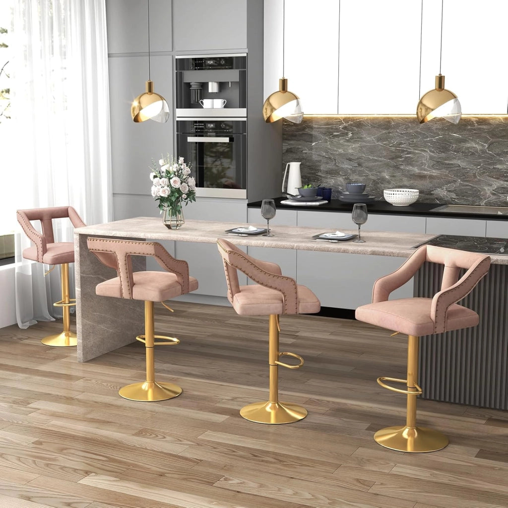 Set 2 Sgabelli da Bar in Velluto, Sedie Girevole e Regolabile con Poggiapiedi, Schienali in Forma a T, Braccioli, Base in Metallo Elettroplaccata per Cucina ad Isola e Sala da Pranzo (Rosa)
