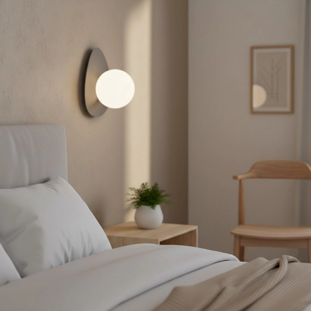Lampada a parete OVO in acciaio grigio e vetro bianco opaco