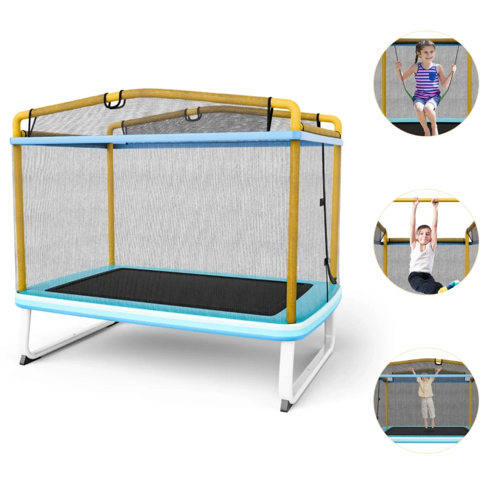 Trampolino rettangolare per bambini 190 x 124 x 222 cm con altalena e dispositivi di sicurezza ambiente esterno metallo blu 20_0019454