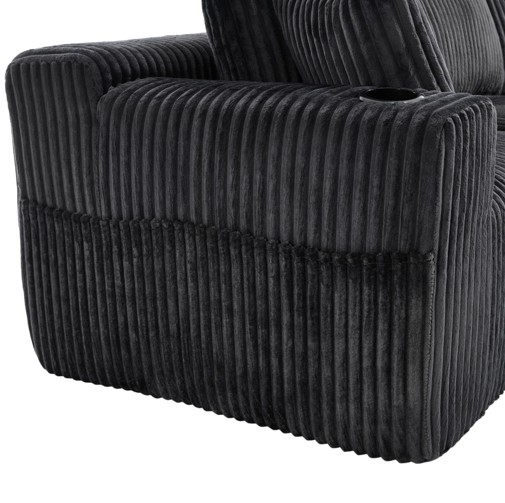 Divano modulare 257x160x62 cm con chaise longue; tasche laterali; portabicchieri e 5 cuscini; in corduroy grigio
