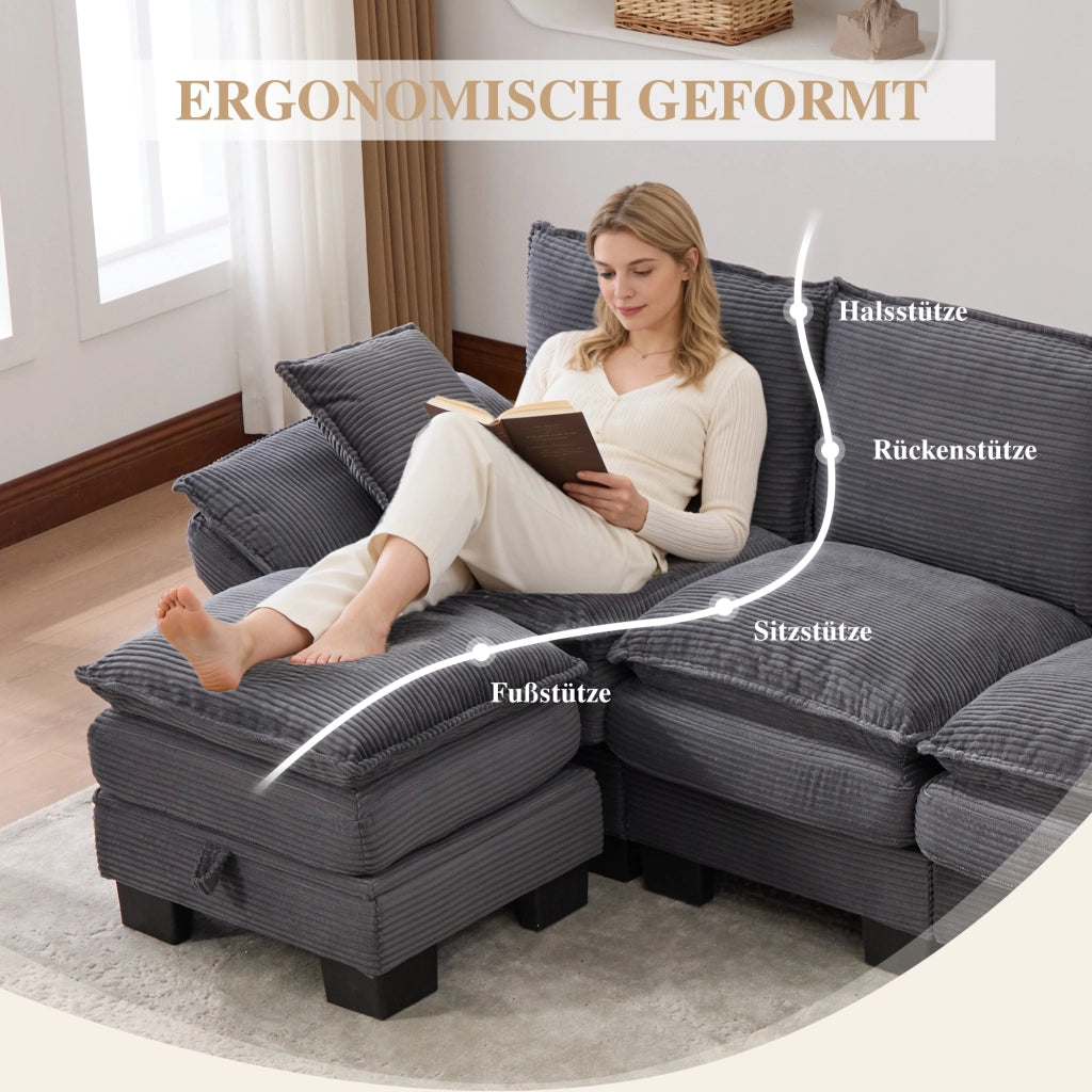 Divano modulare 4 posti in velluto a coste con porta usb-c e tasche laterali grigio scuro 330 × 132 × 84 cm