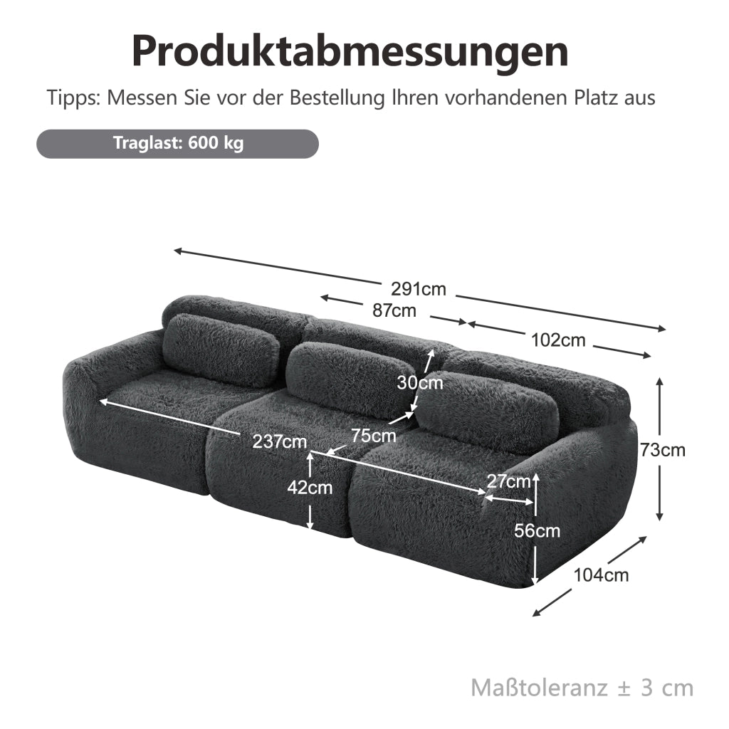 Divano Modulare 3 Posti con Design Ergonomico e Base Antiscivolo, in Peluche Grigio