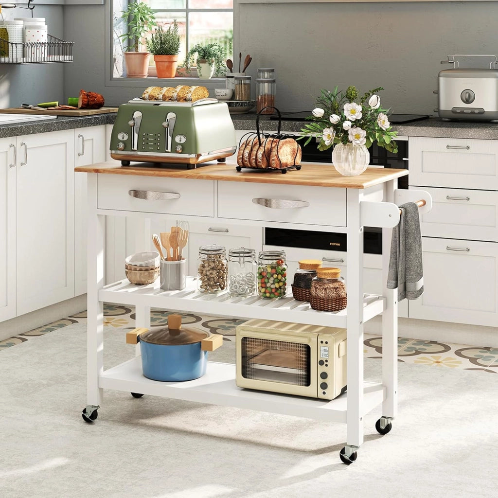 Carrello da Cucina con Ruote Multiuso, Mobile Cucina Salvaspazio in Legno, con 2 Cassetti e 2 Ripiani Aperti, Credenza per Sala da Pranzo, 116 x 43 x 89 cm (Bianco)