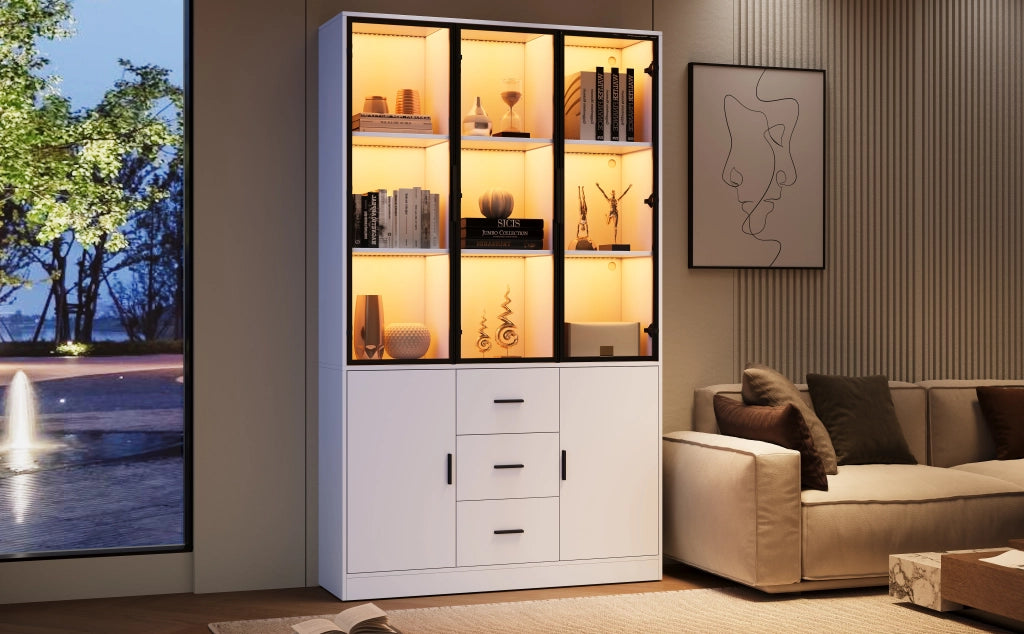Vetrina con LED RGB e Bluetooth 5 ante 3 cassetti 13 vani ripiani regolabili per soggiorno bianco 120 × 30 × 200 cm