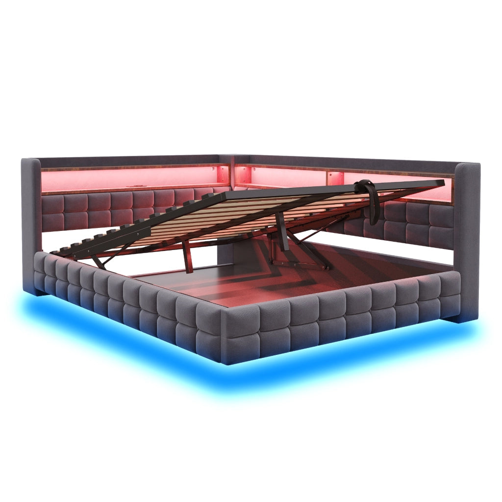 DESMIU Letto Divano 140 × 200 cm 1 posto con vano idraulico, ripiani, LED, USB e Type-C, senza materasso, grigio