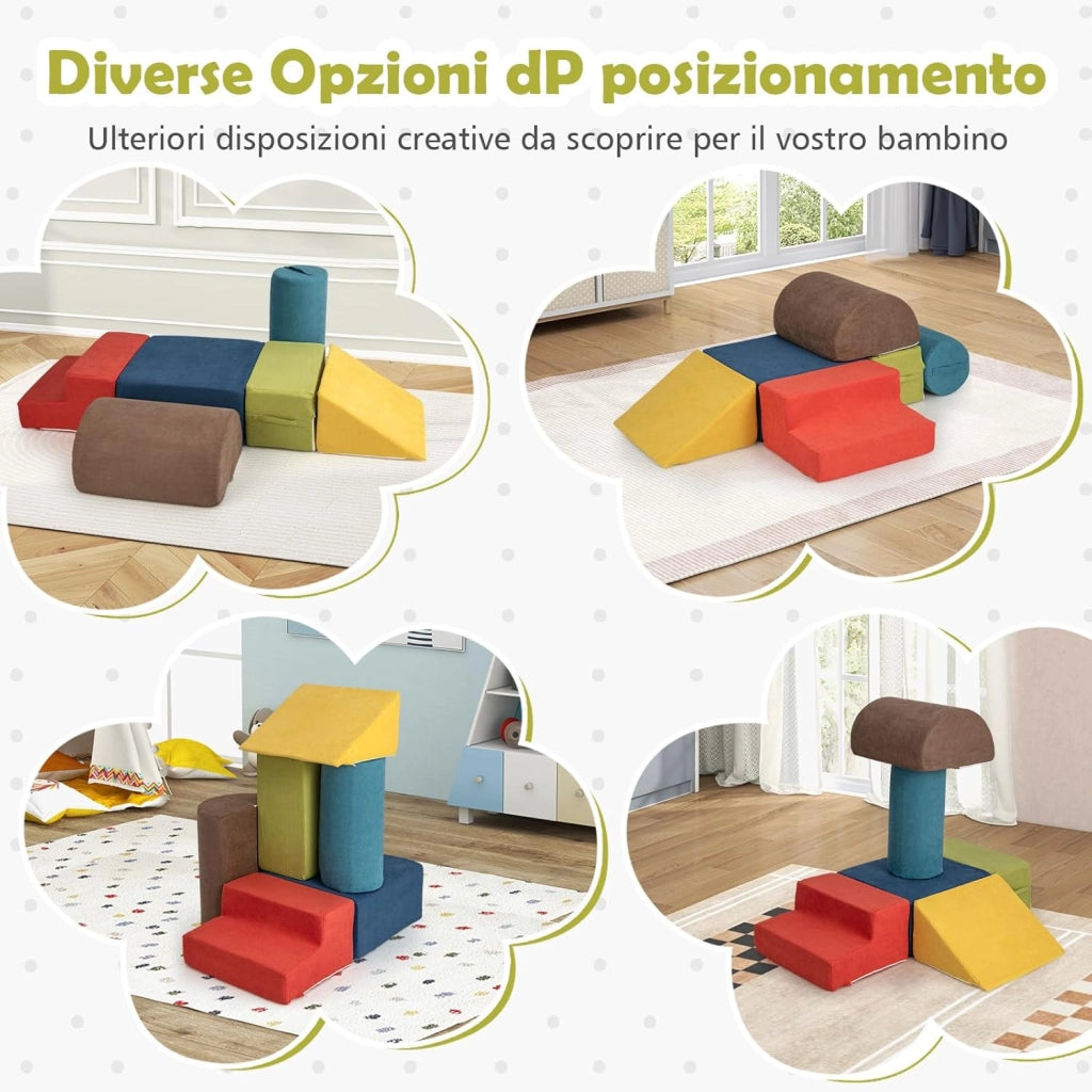 Set di 6 Blocchi di Arrampicata per Bambini, Set di Costruzioni Morbide con Tessuto Ciniglia, Mattoncini in Spugna ad Alta Densità con Maniglie, Ostacoli per Scalare per 1-3 Anni (Multicolore)
