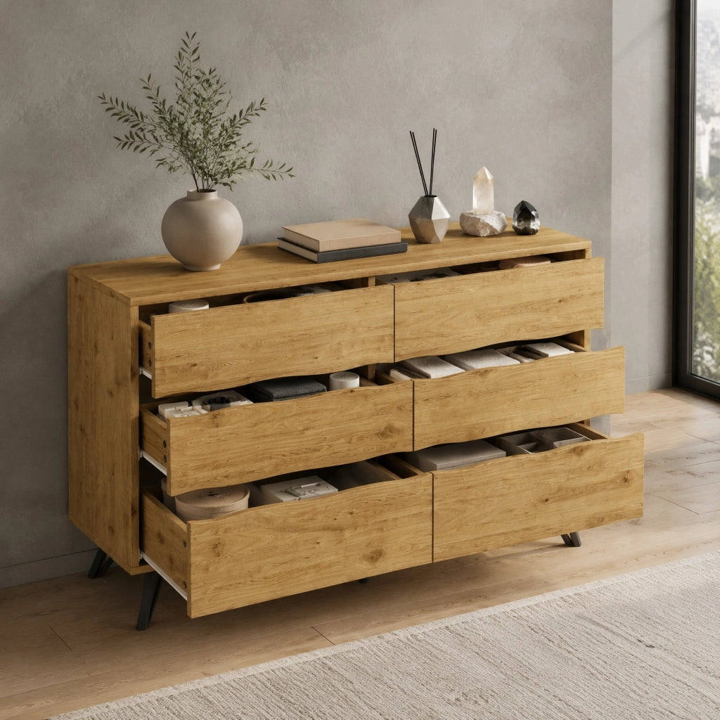 Sideboard moderno con 6 cassetti 120x40x75;5 cm in effetto legno; struttura in truciolare