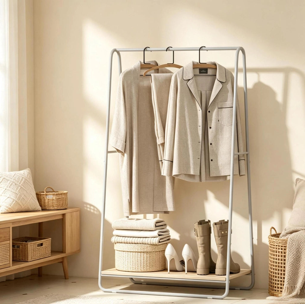 Appendiabiti 80x44x140 cm con ripiano porta scarpe in metallo e pannello truciolare