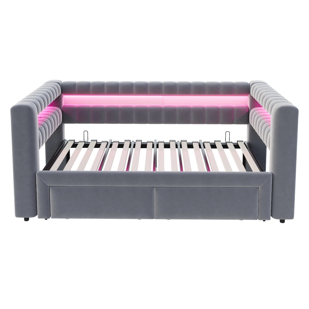 Divano Letto Estraibile 90x190 cm in Velluto Grigio Scuro con Cassetti; LED e Prese USB