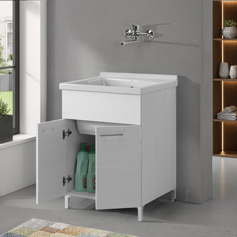 Mobile lavatoio 60x60cm bianco frassino con due ante e vasca in ceramica Revine