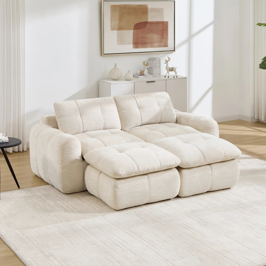 Divano modulare 2 posti in ciniglia senza struttura con seduta ampia e profonda 2 pouf montaggio non richiesto beige