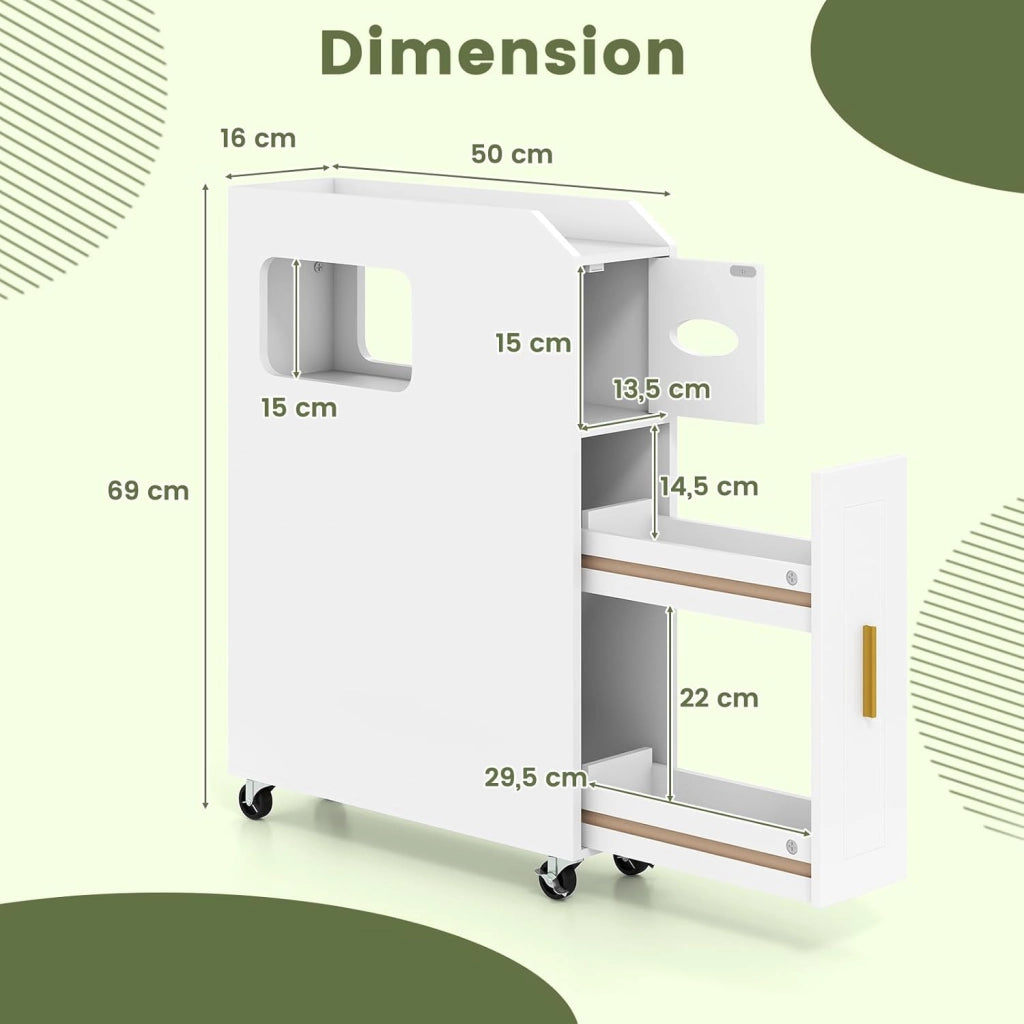 Piccolo Mobile da Bagno 16 cm, Armadietto da Bagno Stretto, Porta Carta, Porta Spazzola, Mobile WC Compatto con Cassetto e Ruote, Organizzazione del Bagno per Spazio Piccolo, Bianco