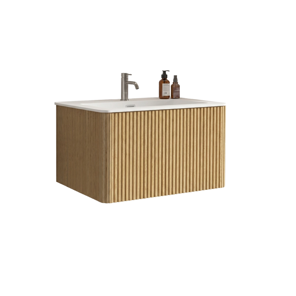 Mobile sottolavabo sospeso con cassetti push-to-open, design a scanalature verticali, per bagno, rovere, 80 cm