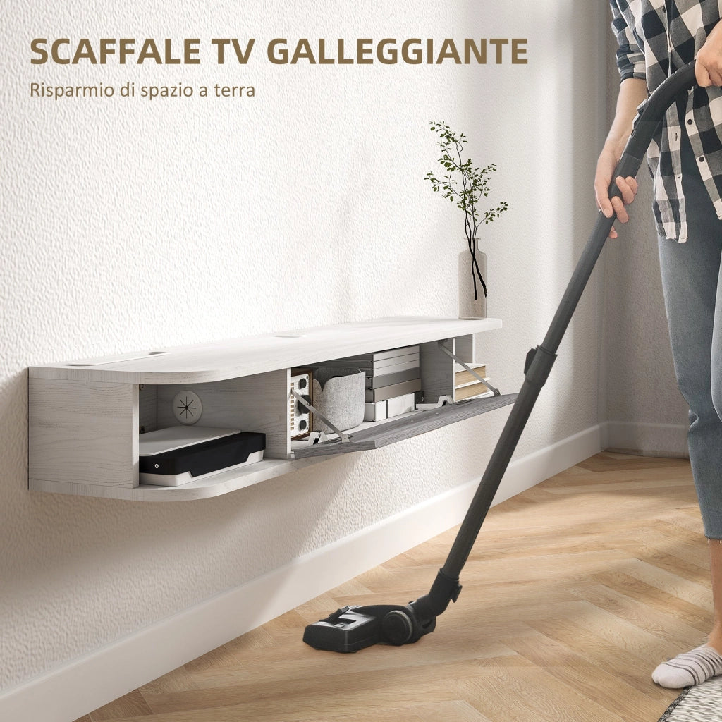 Mobile TV Sospeso 2 Ripiani e 1 Vano Chiuso a Ribalta 120x26x16 cm Bianco e Grigio