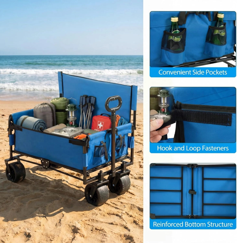 2 in 1 Carrello Spiaggia con Seduta, Carretto Pieghevole con Ruote Grandi e Cuscini Morbidi, Carrello da Campeggio, Giardino e Pesca, in Acciao Resistente, Chiusura Rapida, 80 KG, 85L (Blu)