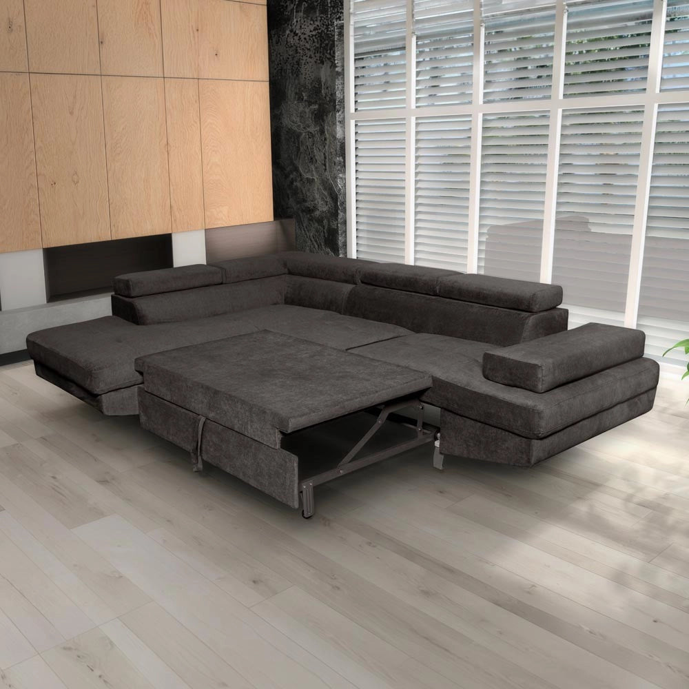 Divano letto angolare Rio con penisola contenitore sinistra in tessuto grigio scuro 272 cm