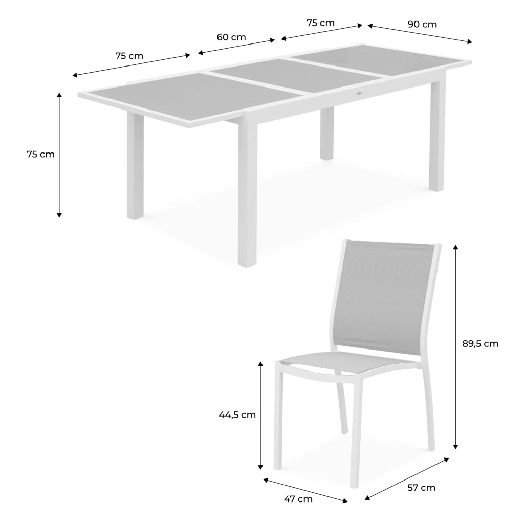 Set tavolo da giardino allungabile in alluminio con 6 sedie, bianco