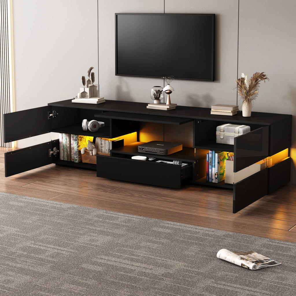 Mobile porta TV con LED, 2 ante, 1 cassetto e vano aperto, per soggiorno, in truciolato nero 160 × 39 × 45 cm