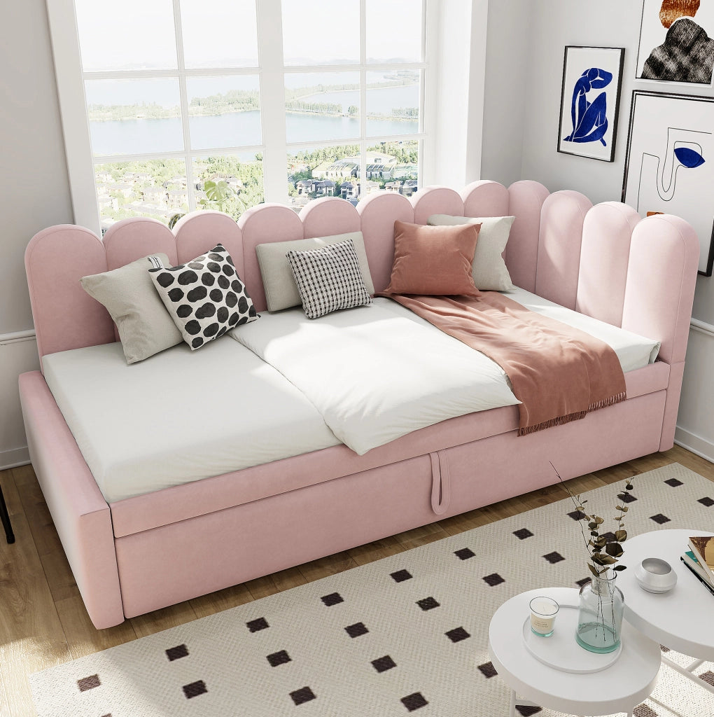 Divano letto multifunzione a L 90x200 cm con letto estraibile; in velluto rosa