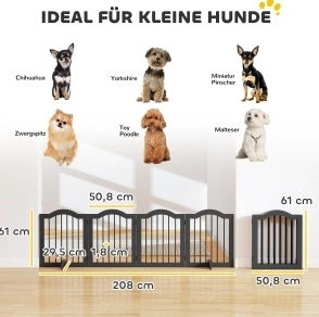 Cancello per cani pieghevole 208x61 cm con piedi di supporto in legno nero