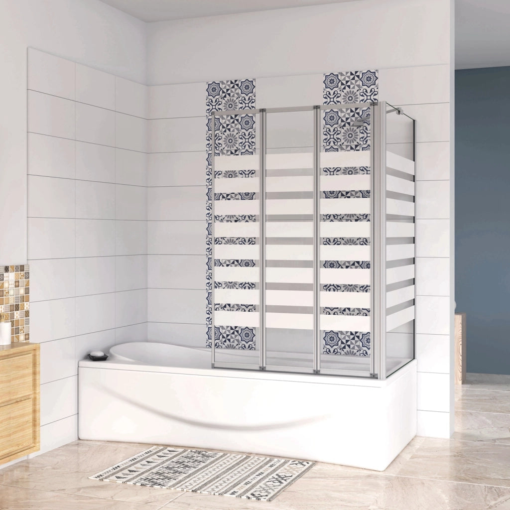 Sopravasca 130×140cm Vetro 4mm Temperato Bianco 3 Ante Pieghevoli a Libro con Lato Fisso 70x140 cm Profilo Argento Opaco Verso Destro