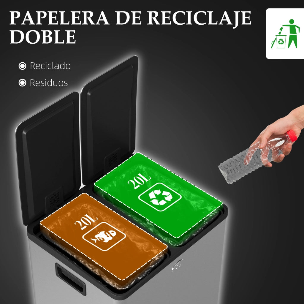 Cestino Rifiuti Acciaio Inox 2x20L Pedale ¨C zephmum ¨C Argento