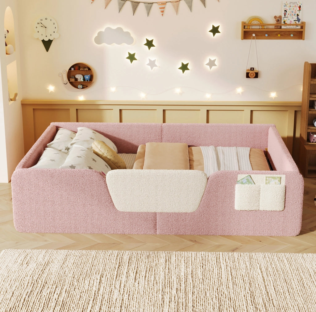 Letto imbottito 140x190 cm con sponde rimovibili e tasca laterale in velluto rosa