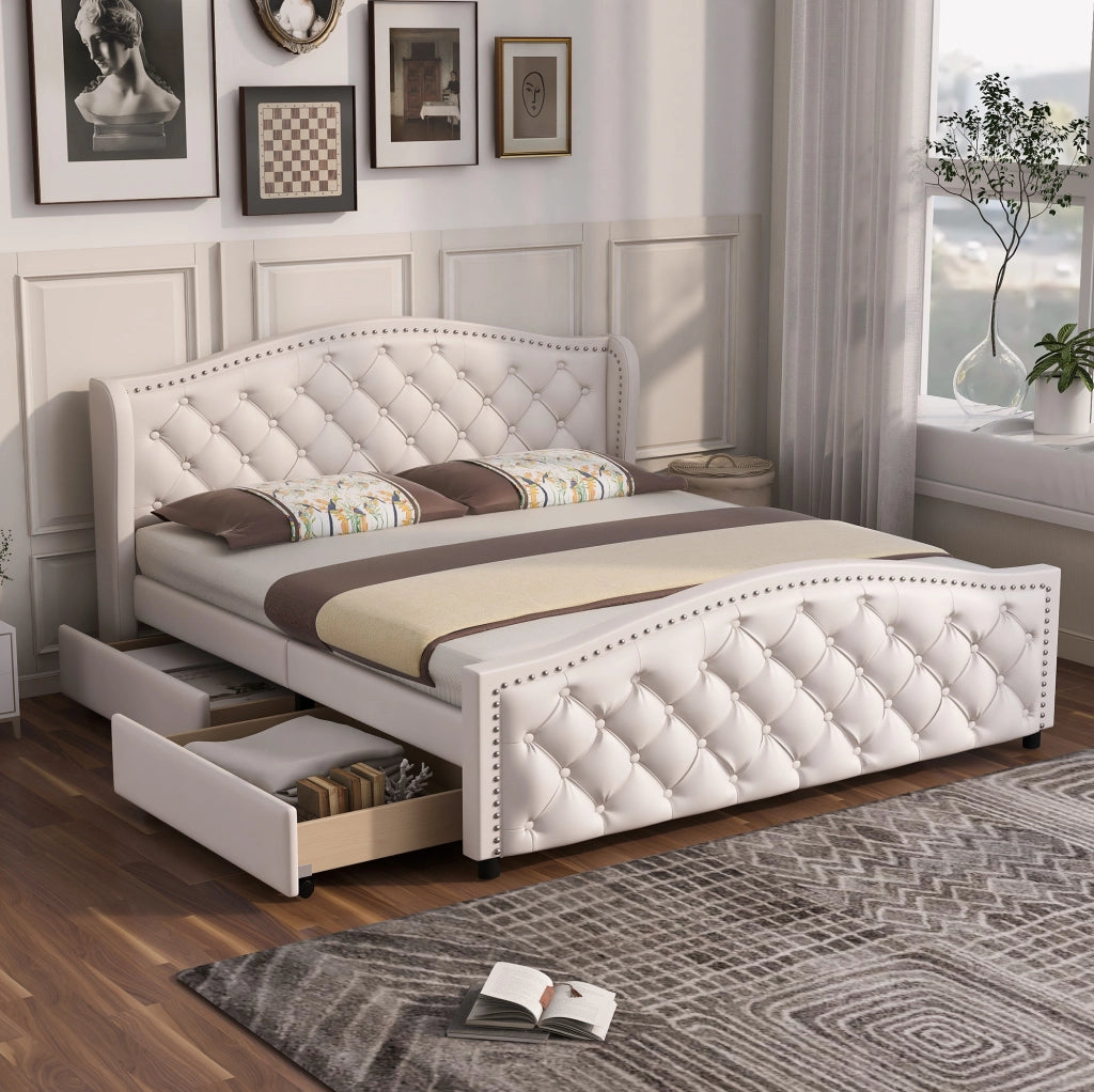 Letto matrimoniale imbottito 160x200 cm con rete a doghe e 2 cassetti; PU bianco