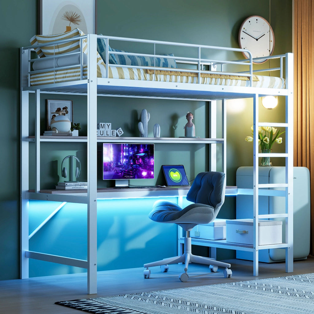 Letto a castello bianco con funzione di illuminazione LED usb e presa elettrica in metallo 90x200 cm