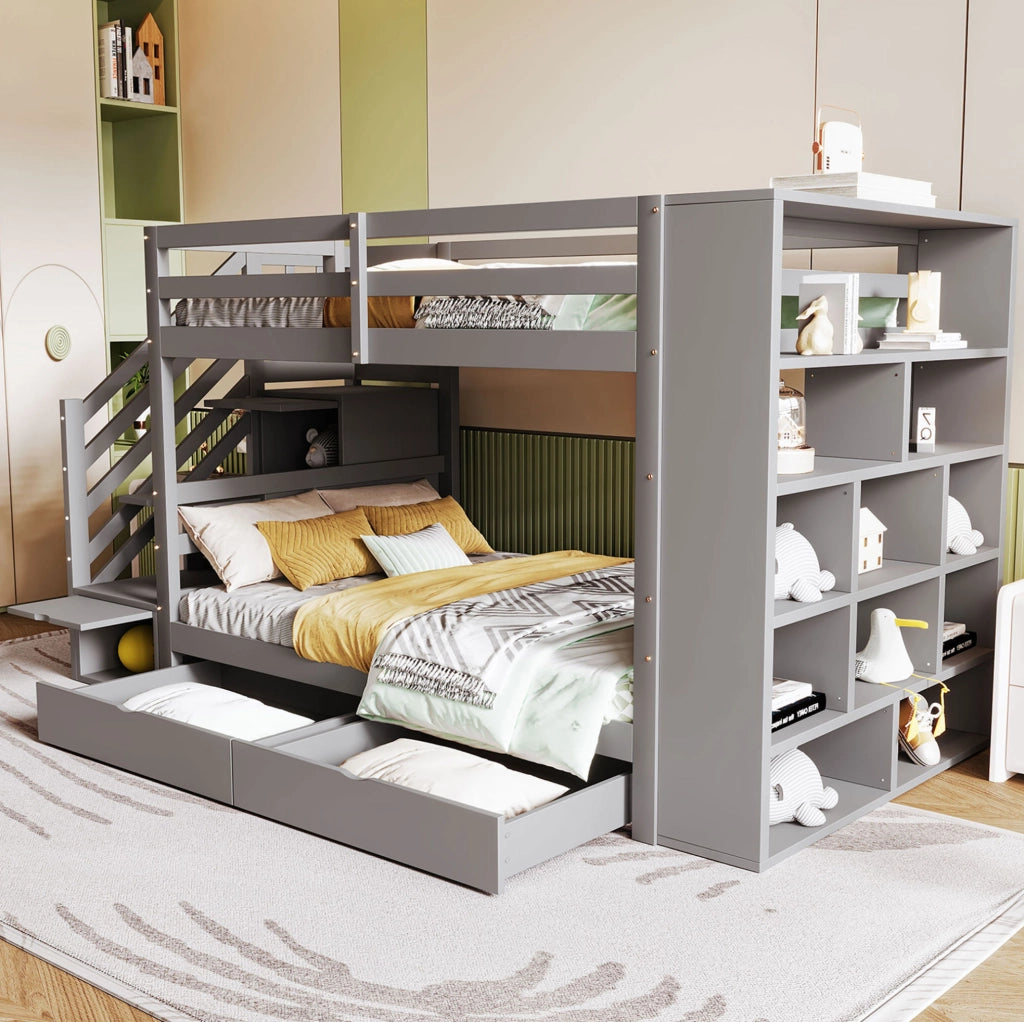 Letto a castello ULEVR 90x200 cm grigio con scala contenitore, 2 cassetti e vano laterale