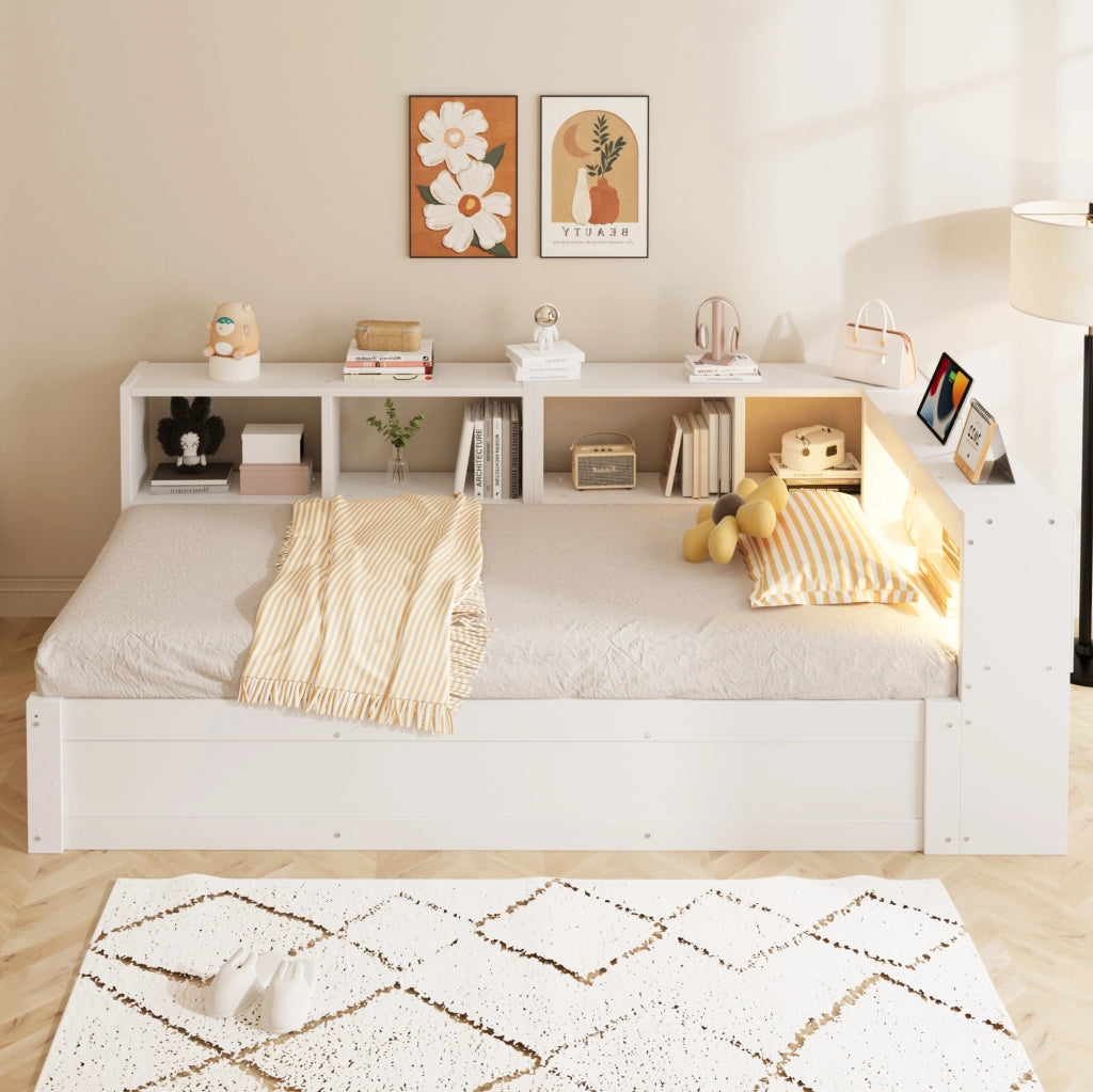 Letto multifunzione 90x200 cm con presa integrata; contenitori e LED in MDF bianco
