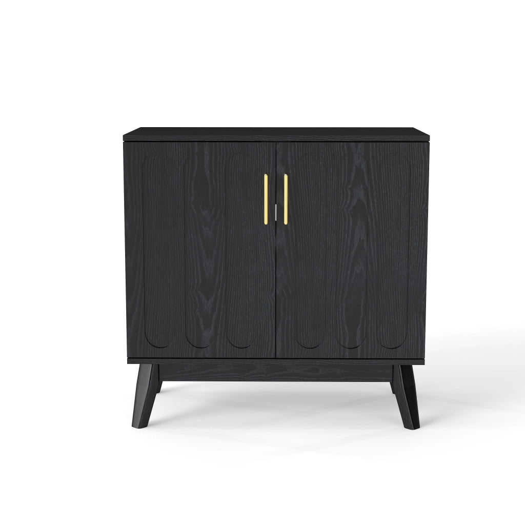 Credenza con ripiani regolabili e presa posteriore in legno e MDF nera