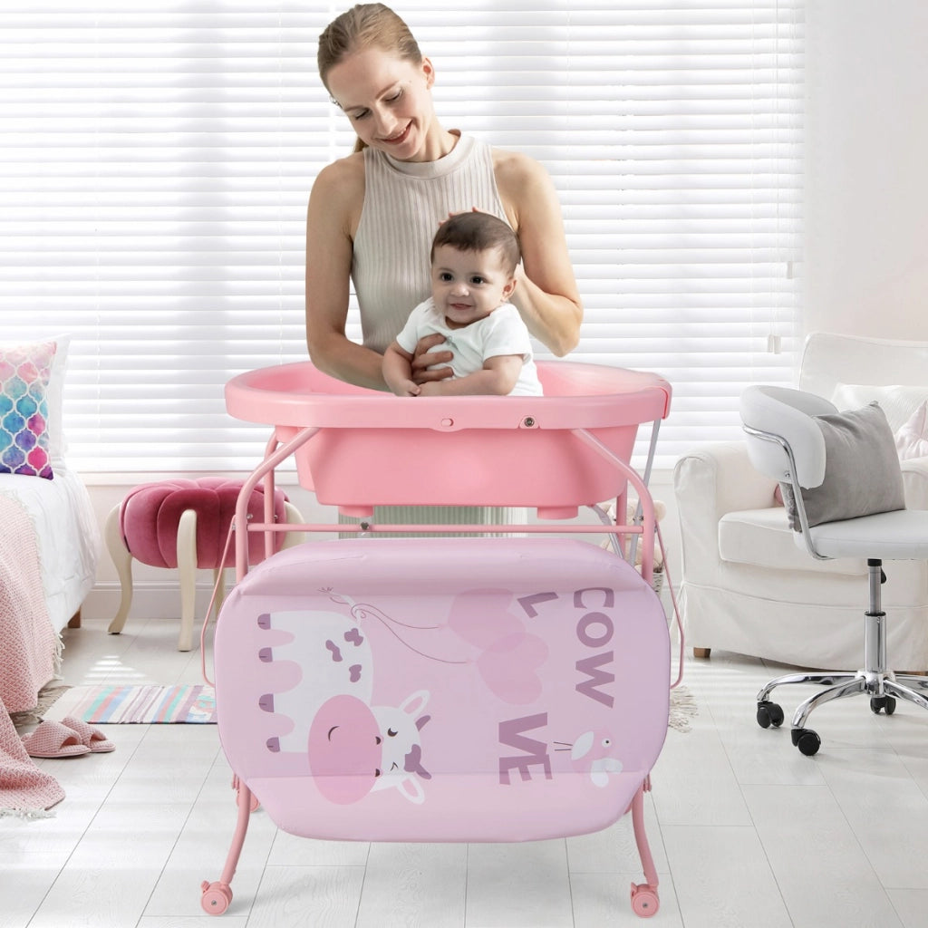 Fasciatoio per bambini con mini vasca da bagno cuscinetto in PVC, Stazione di cambio pannolini per neonati Rosa-Fasciatoi