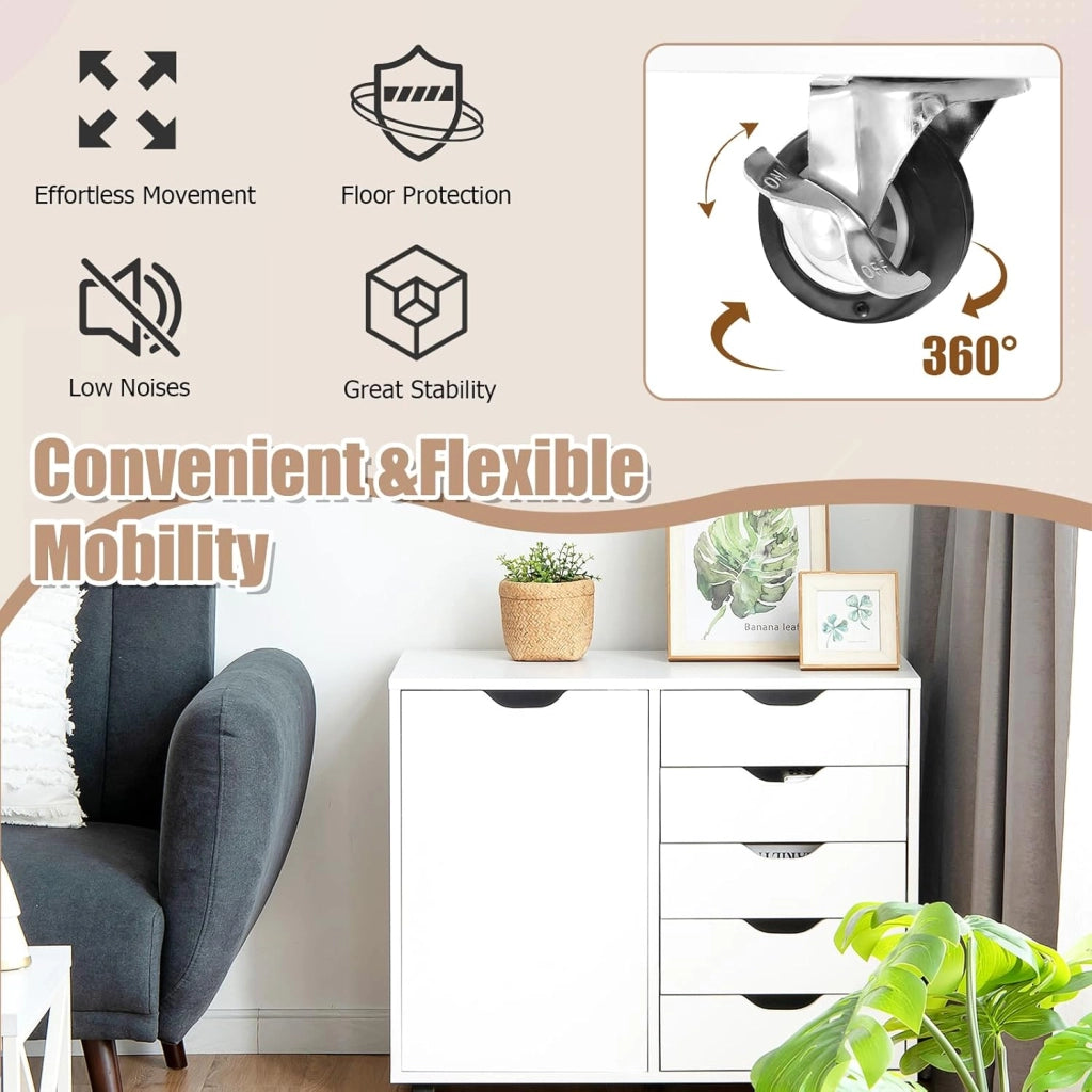 Cassettiera Ufficio con 5 Cassetti, Schedario Portadocumenti con Ruote Universali e Ripaini Regolabili, Mobile Porta Stampante in Legno per Studio, Camera da Letto, 79x39x65 cm (Bianco)