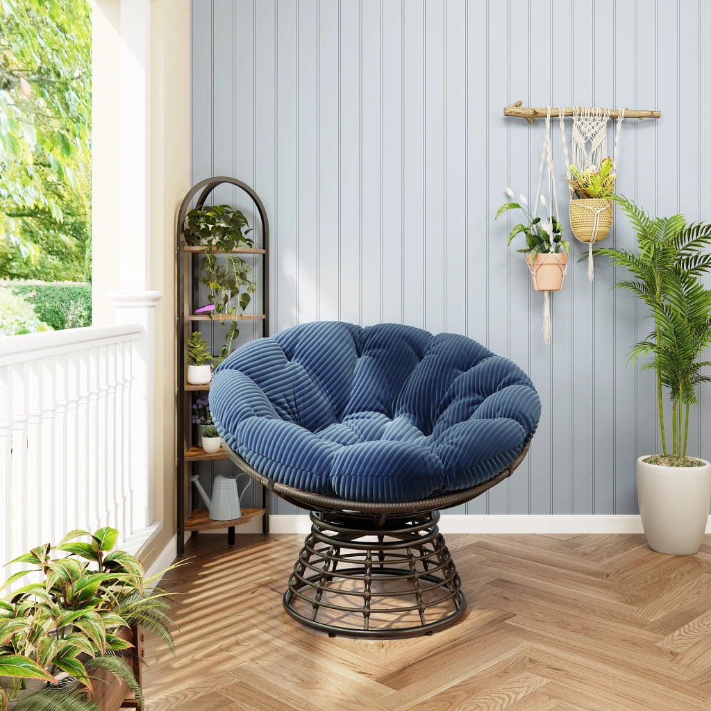 Poltrona Papasan Girevole 360 Gradi Design Ergonomico con Cuscino Imbottito Struttura in Acciaio Blu Navy 92 cm