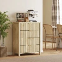 Cassettiera con 4 Cassetti Scanalati e Maniglie Dorate, 70x38x93 cm, Legno Naturale