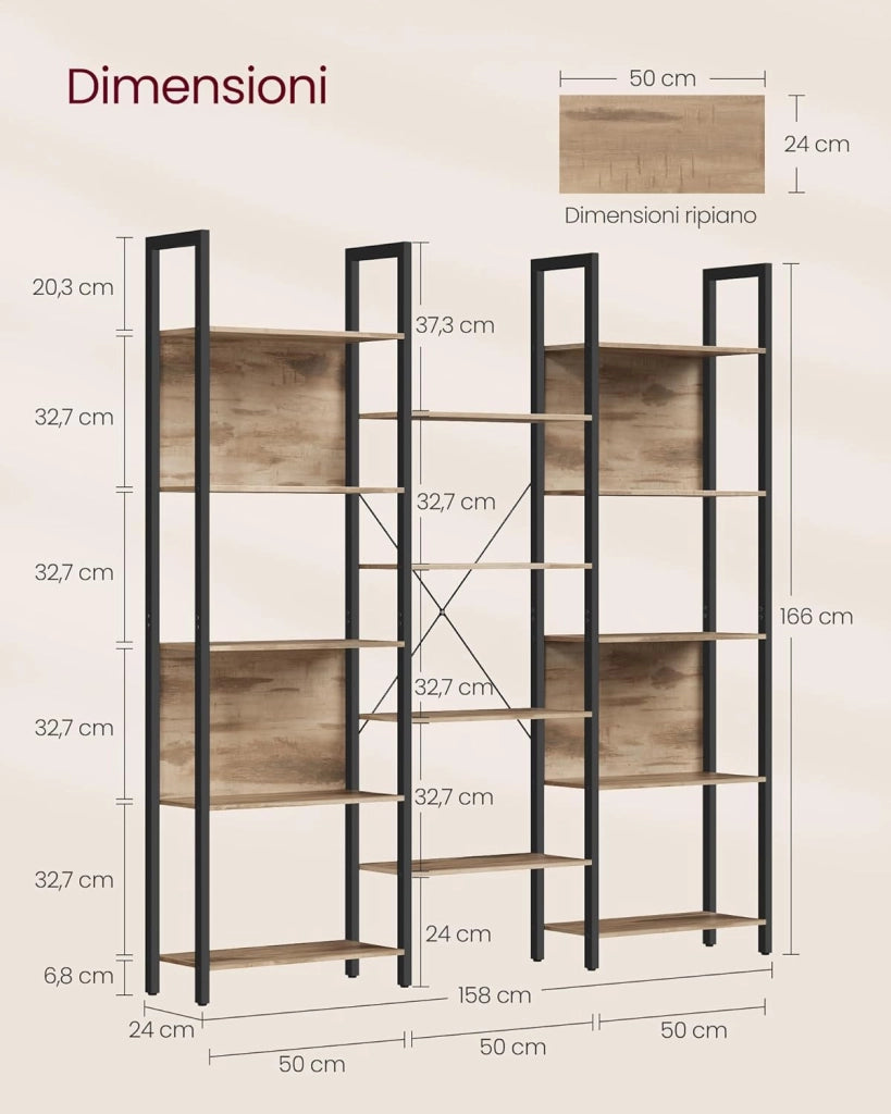 VASAGLE Libreria con 14 ripiani, struttura in metallo, scaffale per soggiorno, casa, ufficio, stile industriale, 24 x 158 x 166 cm, marrone cammello e nero inchiostro, LLS107K01